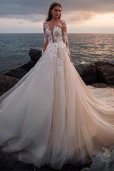 Ivory Tulle Lace Long Sleeves Beach Wedding Dresses With Illusion Neck
